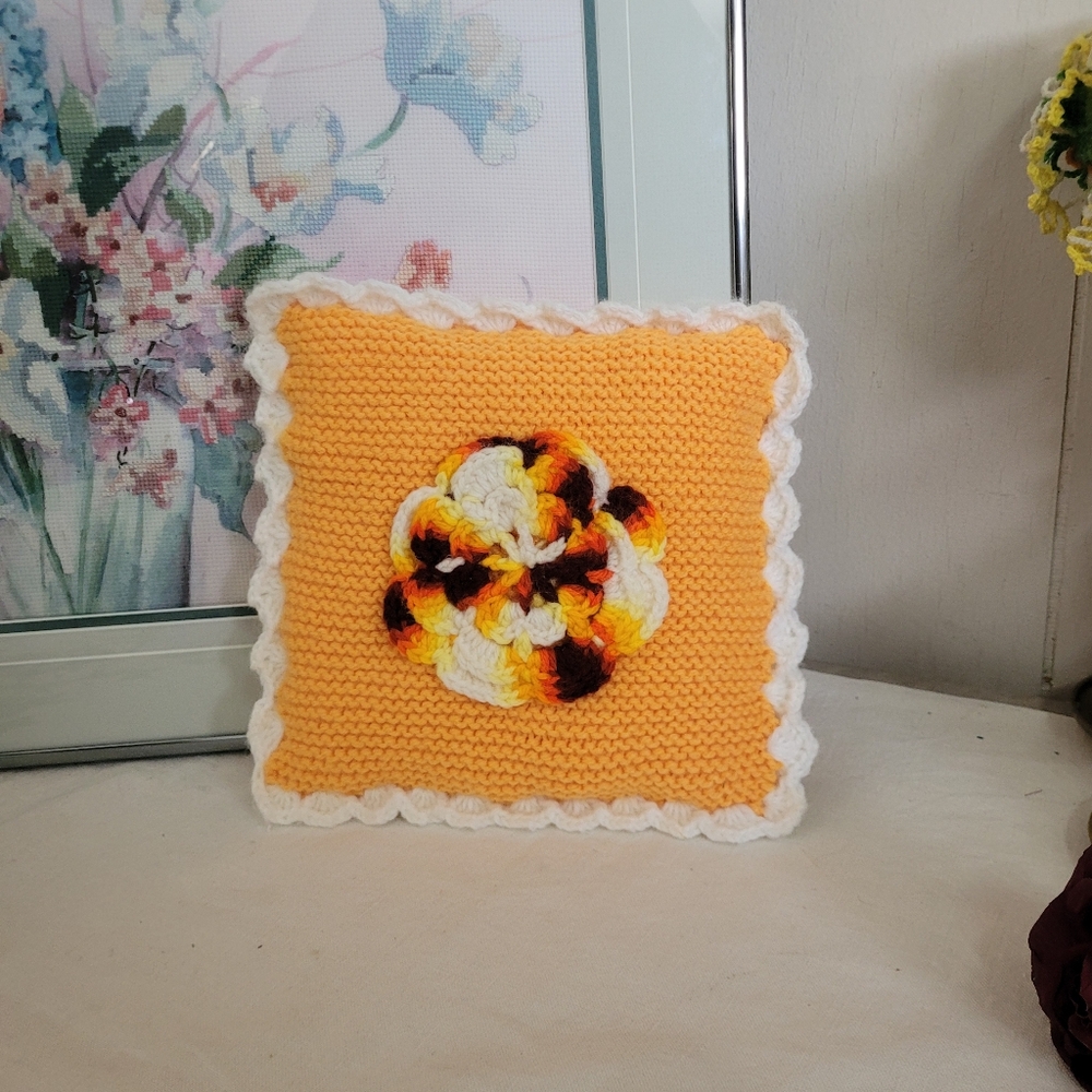 Handcrafted Orange and White With Flower Crochet Mini Pillow
